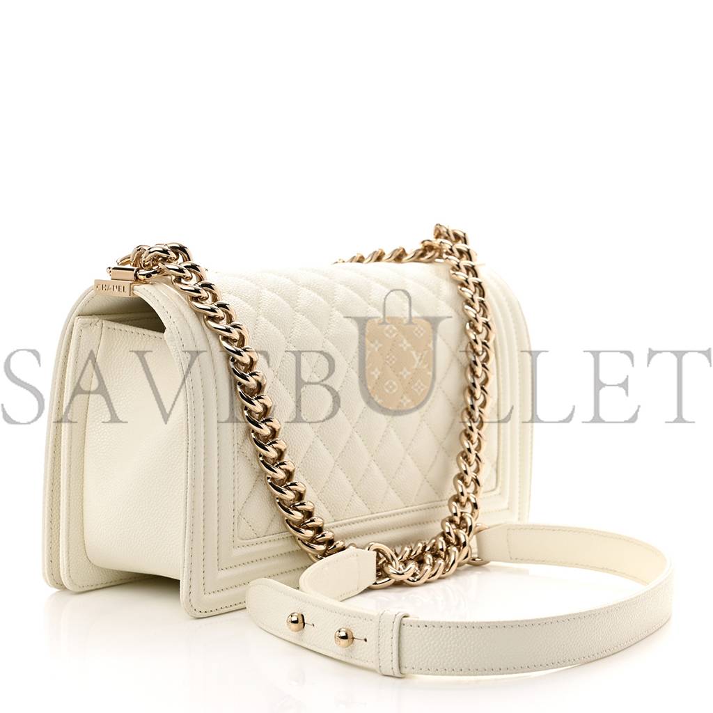 CHANEL CAVIAR QUILTED MEDIUM BOY FLAP WHITE ROSE GOLD HARDWARE (25*15*10cm)