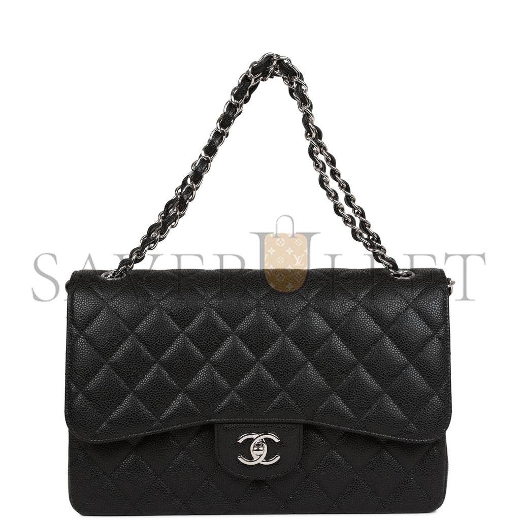 CHANEL JUMBO CLASSIC DOUBLE FLAP BAG BLACK CAVIAR SILVER HARDWARE (30*20*9cm)